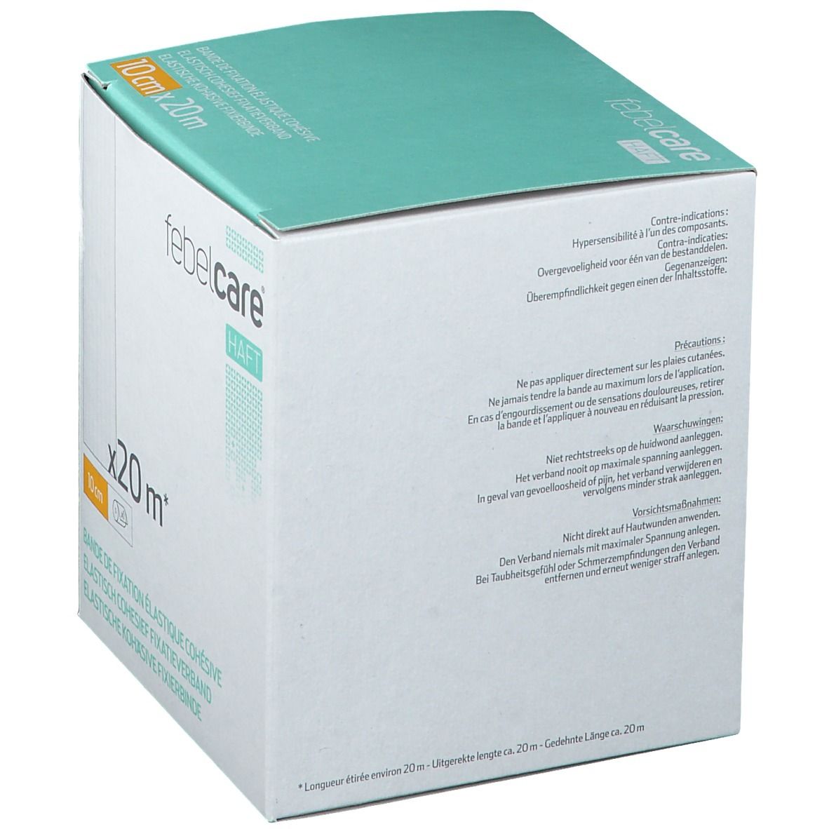 Doos met groen deksel. Opschrift: 10 cm x 20 m, Febelcare Haft. Tekst over voorzorgsmaatregelen en contra-indicaties.