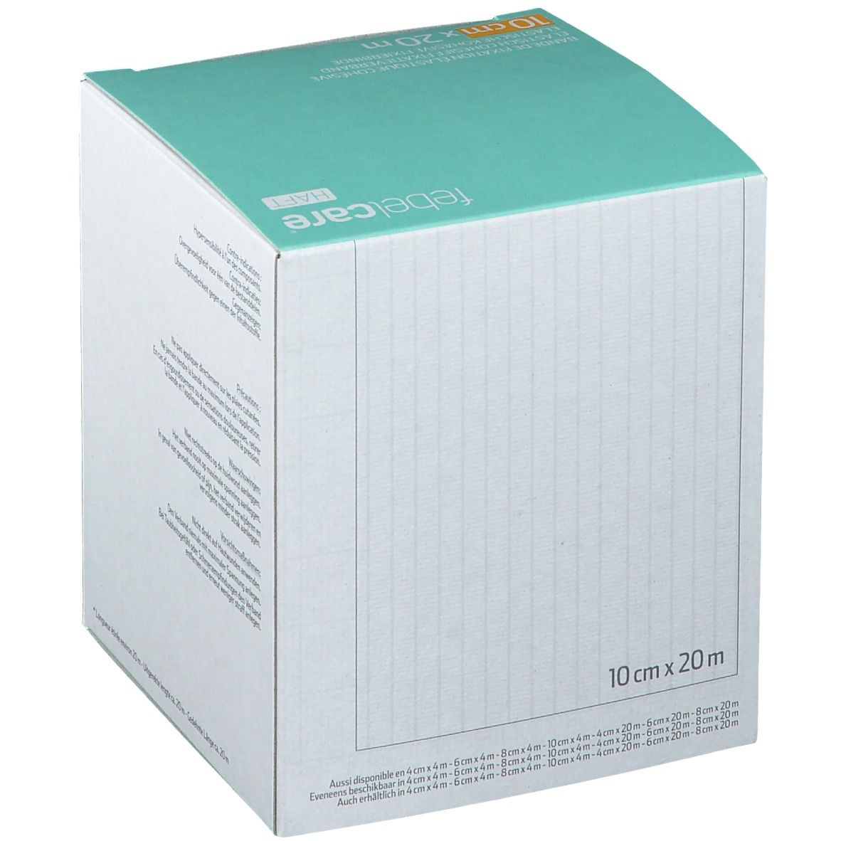 Witte doos met groen deksel. Opschrift: 10 cm x 20 m. Meertalige tekst. Verticale strepen op de zijkant.