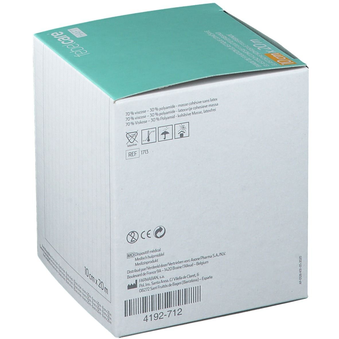 Doos met groen deksel. Opschrift: 10 cm x 20 m. Meertalige tekst. Barcode en fabrikant informatie.