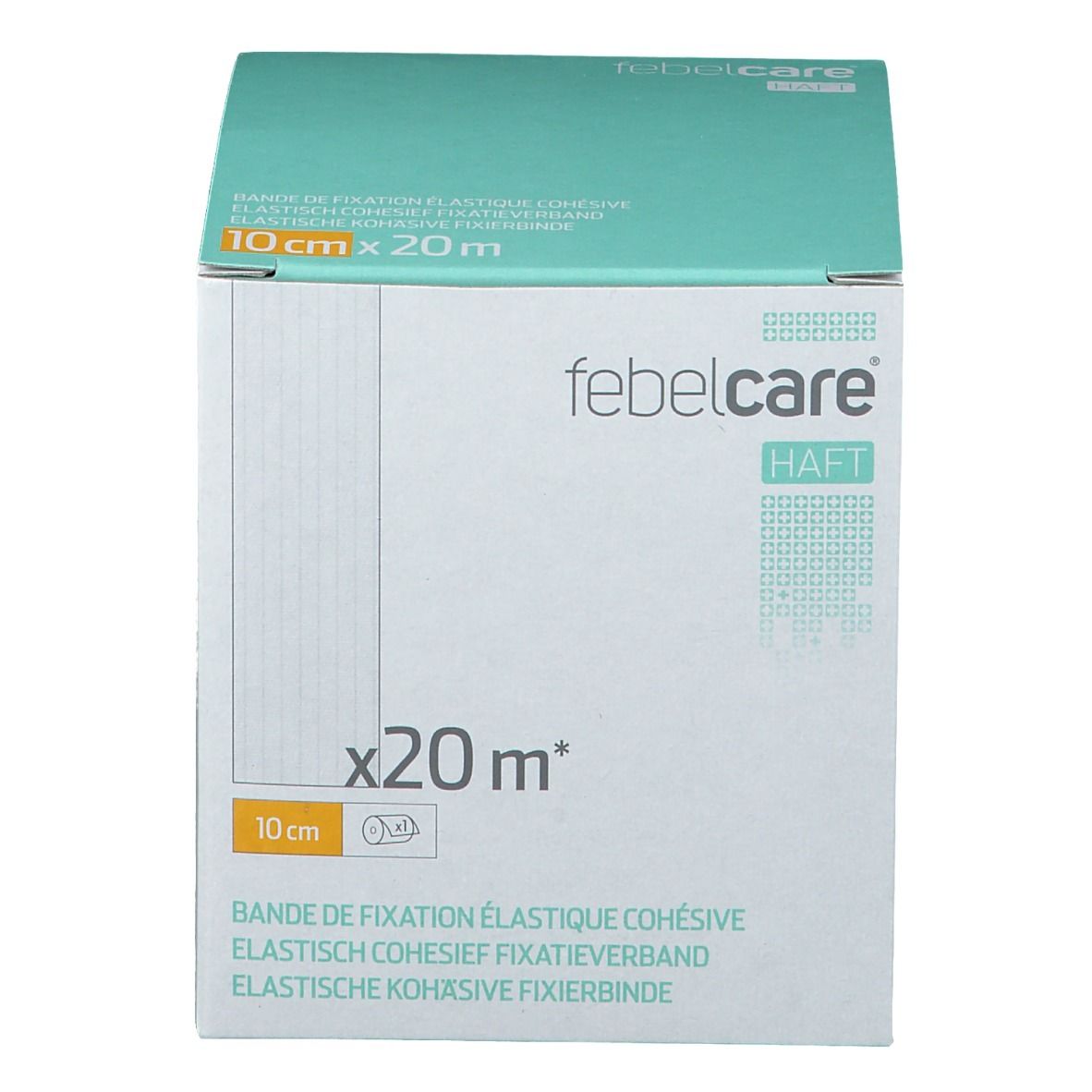 Witte doos met groen deksel. Opschrift: 10 cm x 20 m, Febelcare Haft. Meertalige tekst.