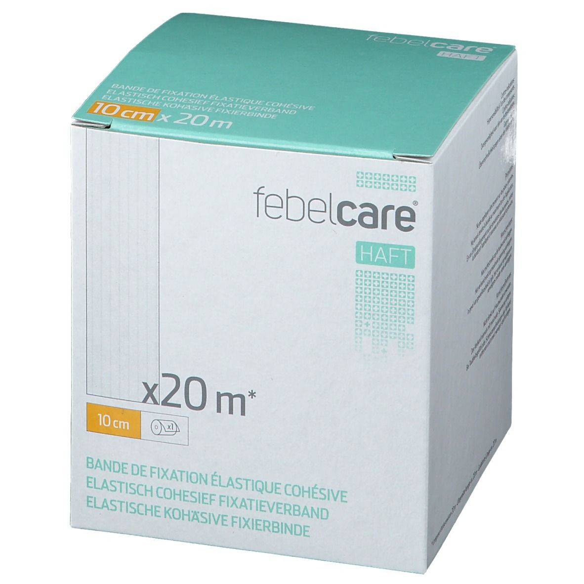 Witte doos met groen deksel. Opschrift: 10 cm x 20 m, Febelcare Haft. Meertalige tekst.