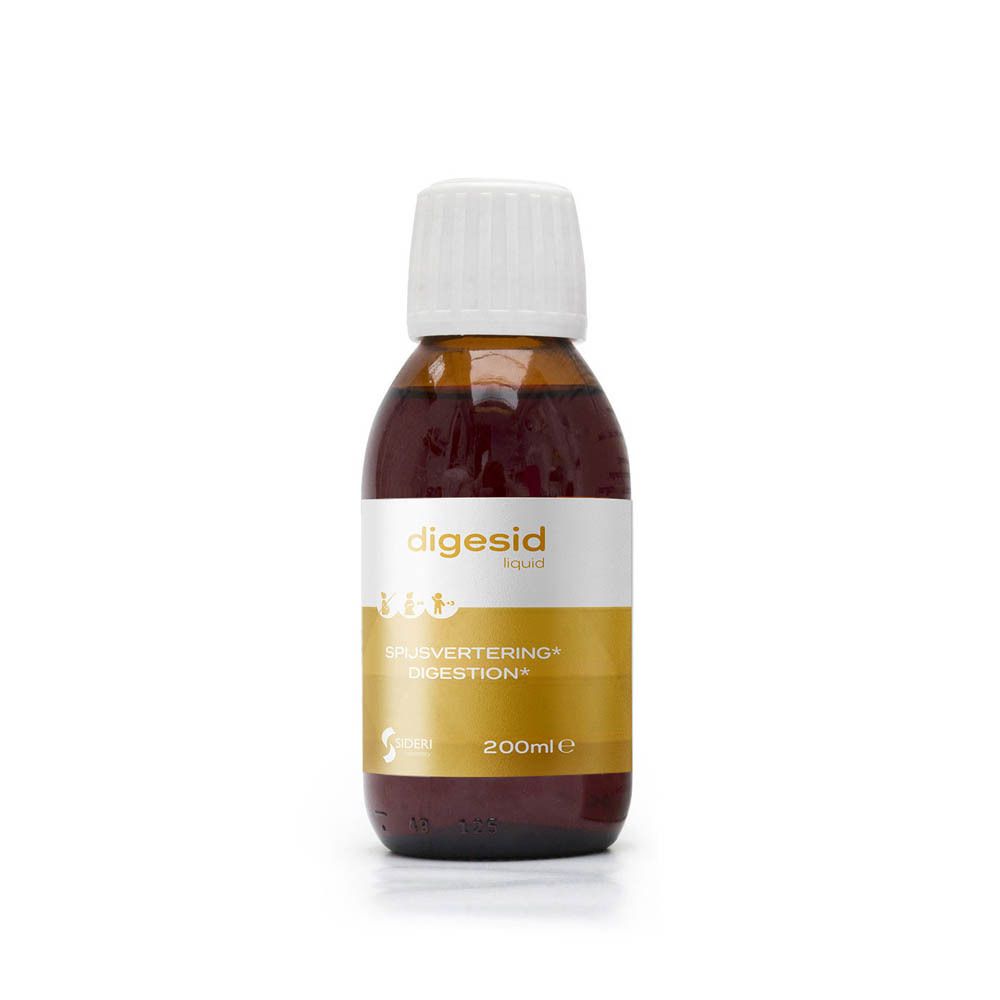 Bruine vloeistof in fles met witte dop. Opschrift: digesid liquid. 200ml.
