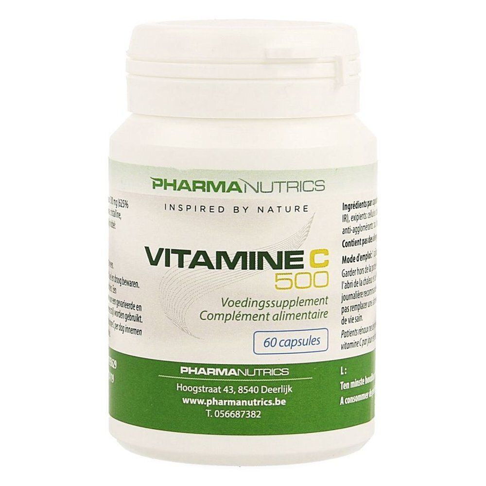 Witte fles Pharmanutrics Vitamine C 500. 60 capsules. Etiket met productinfo.