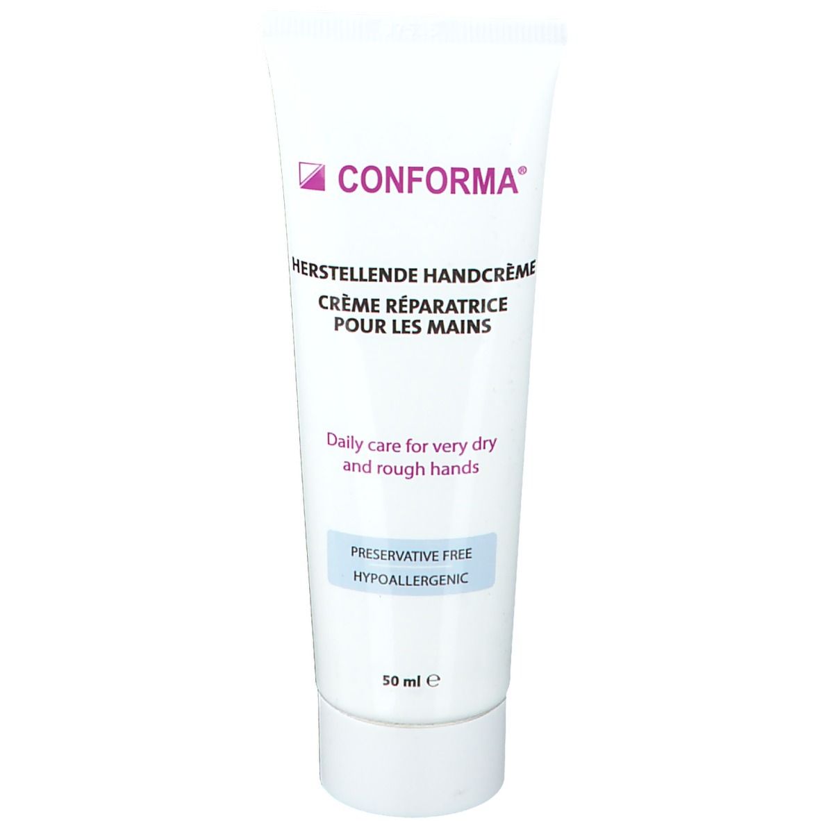 Crèmetube met productnaam en logo. Tekst: Herstellende Handcrème, Crème réparatrice pour les mains. Voor zeer droge handen.