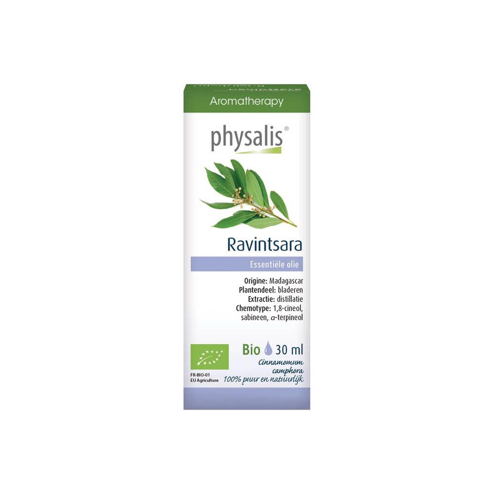 Flesje etherische olie Physalis Ravintsara, 30 ml, Bio-certificering. Groen-witte verpakking.