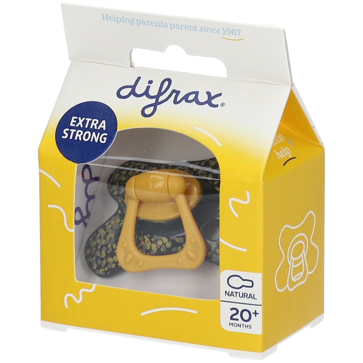 Gele speen in gele verpakking met venster. Opschriften: difrax, Extra Strong, Natural, 20+ maanden.