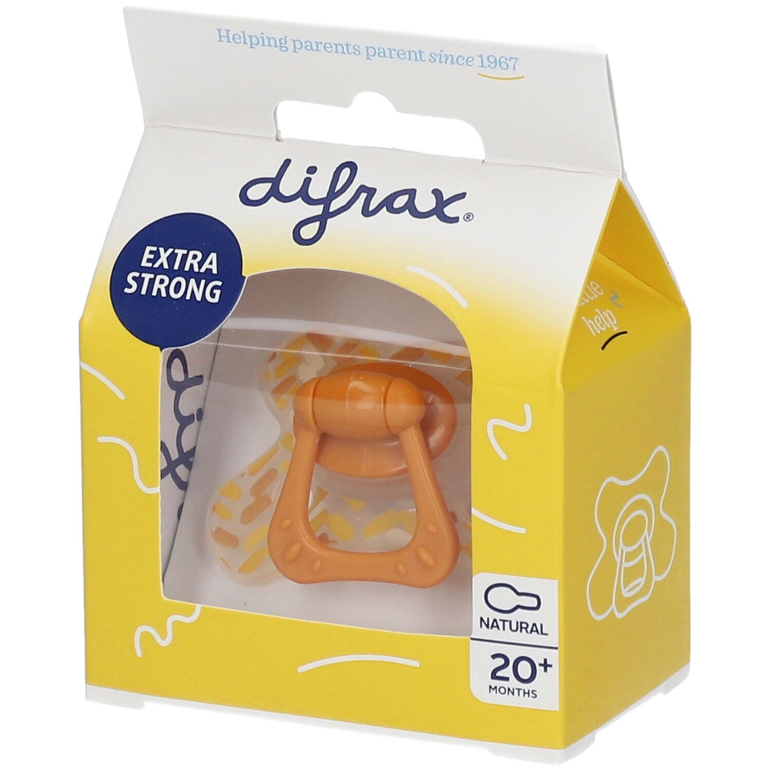 Fopspeen in gele verpakking. Zichtbaar: oranje speen, handvat. Opschrift: difrax, EXTRA STRONG, NATURAL, 20+ MONTHS.