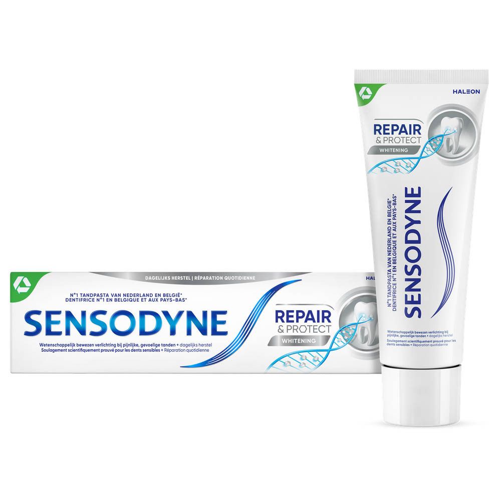 Tandpasta tube en verpakking. Wit, blauw en groen. Opschrift: SENSODYNE, REPAIR & PROTECT Whitening.
