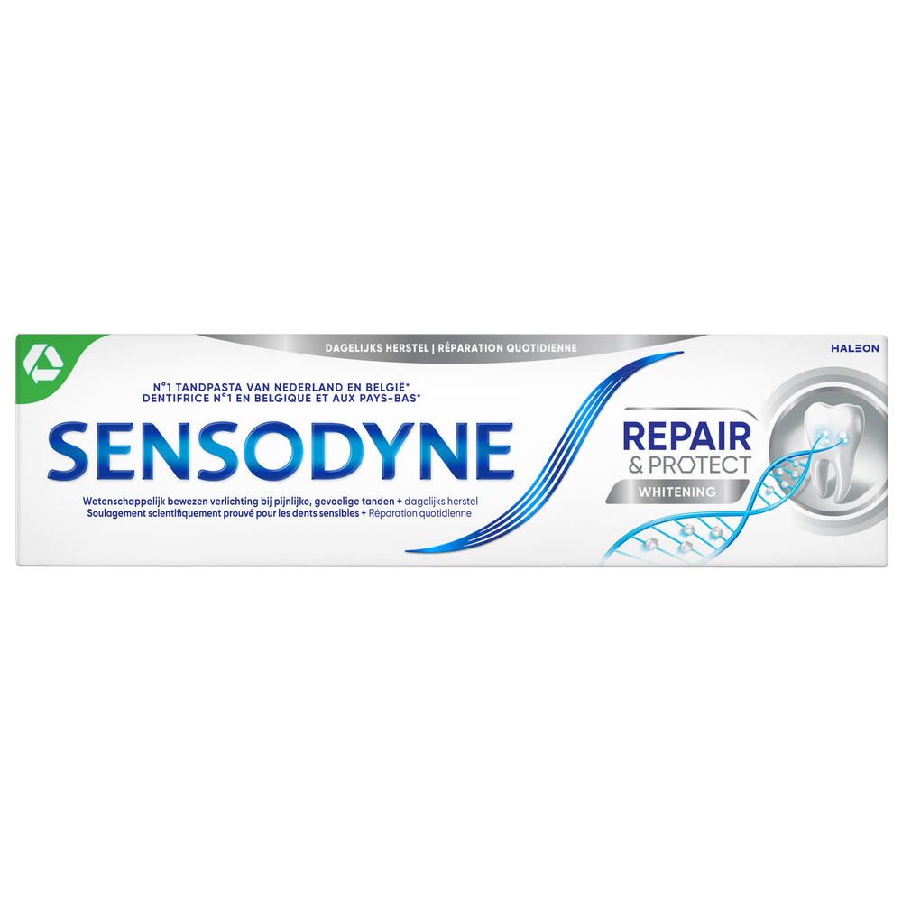 Tandpasta verpakking. Wit, blauw en groen. Opschrift: SENSODYNE, REPAIR & PROTECT. Tekst in het Frans.
