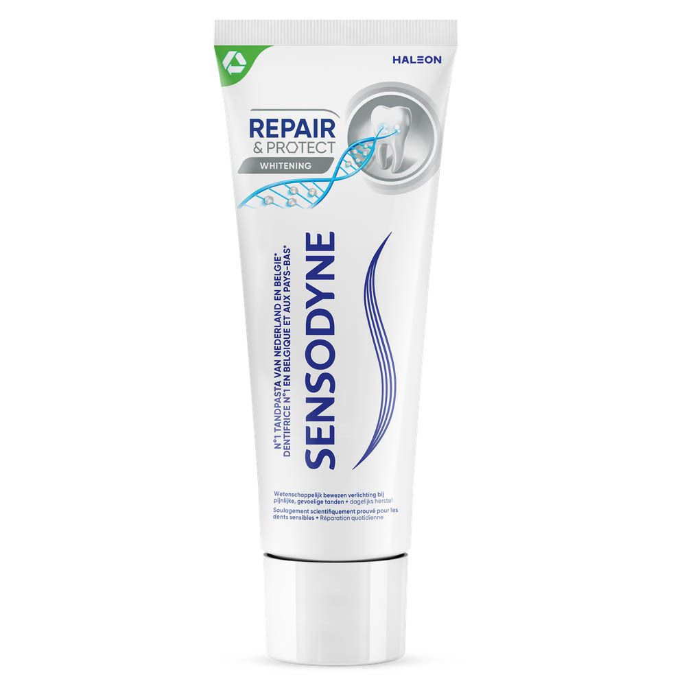 Tandpasta verpakking. Wit, blauw en groen. Opschrift: SENSODYNE, REPAIR & PROTECT. Tekst in het Frans.