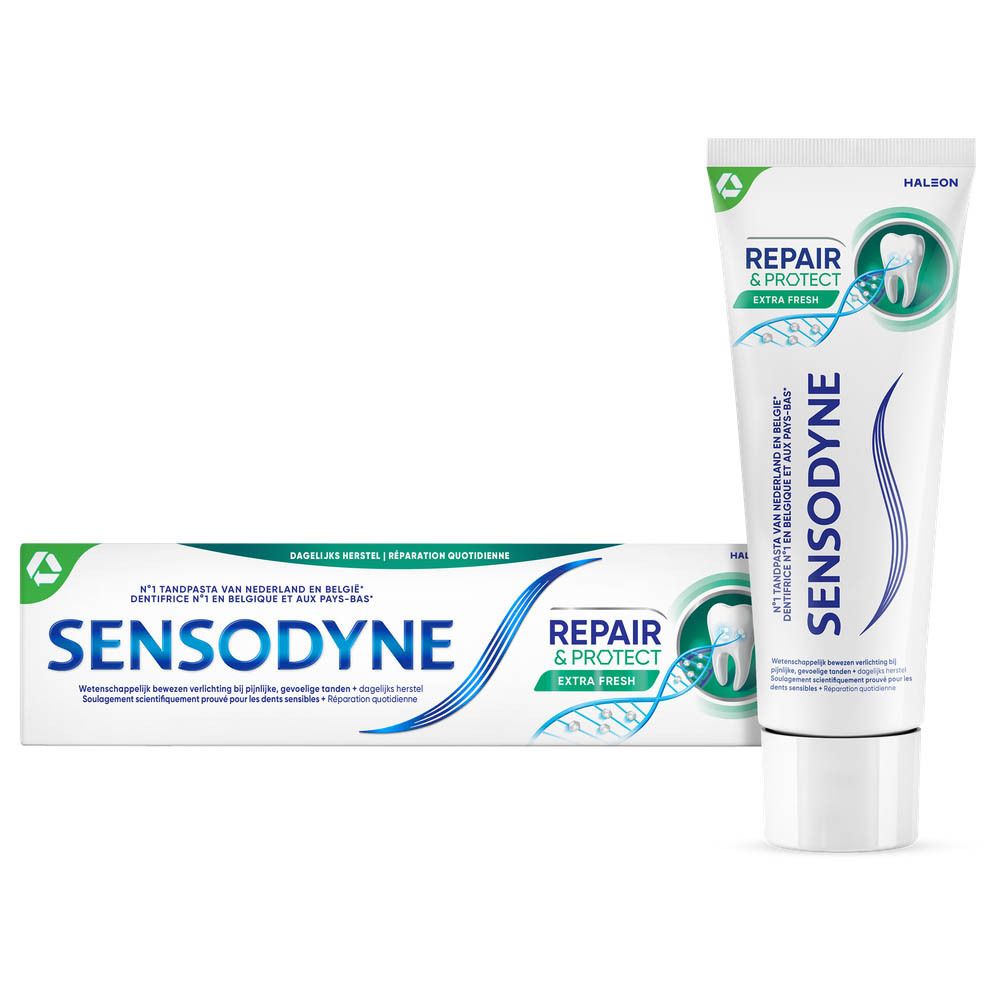 Tandpasta tube en verpakking. Wit, blauw en groen. Sensodyne Repair & Protect Extra Fresh. Tekst en logo.