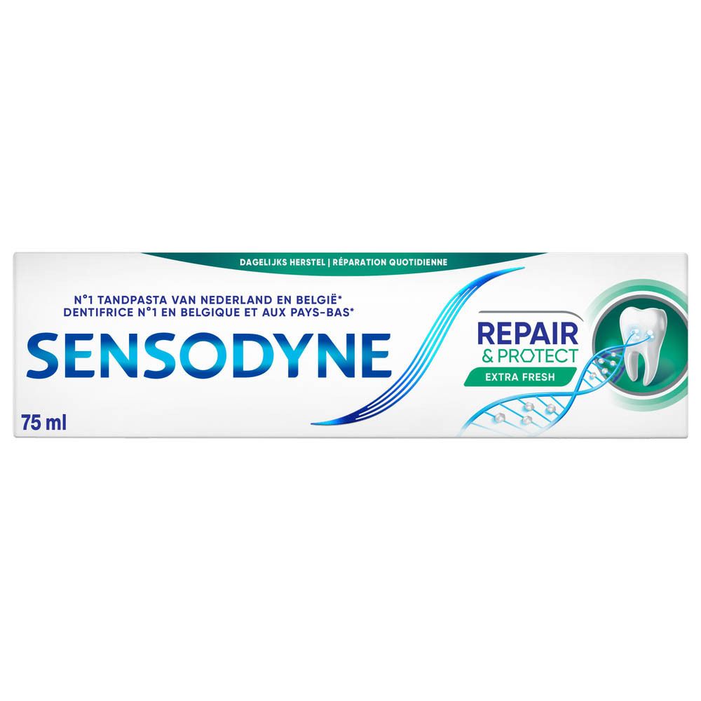 Tandpasta tube. Wit, blauw en groen. Sensodyne Repair & Protect Extra Fresh. Tekst en logo.