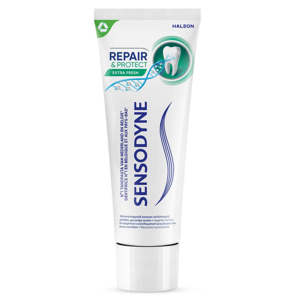 Tandpasta tube. Wit, blauw en groen. Sensodyne Repair & Protect Extra Fresh. Tekst en logo.