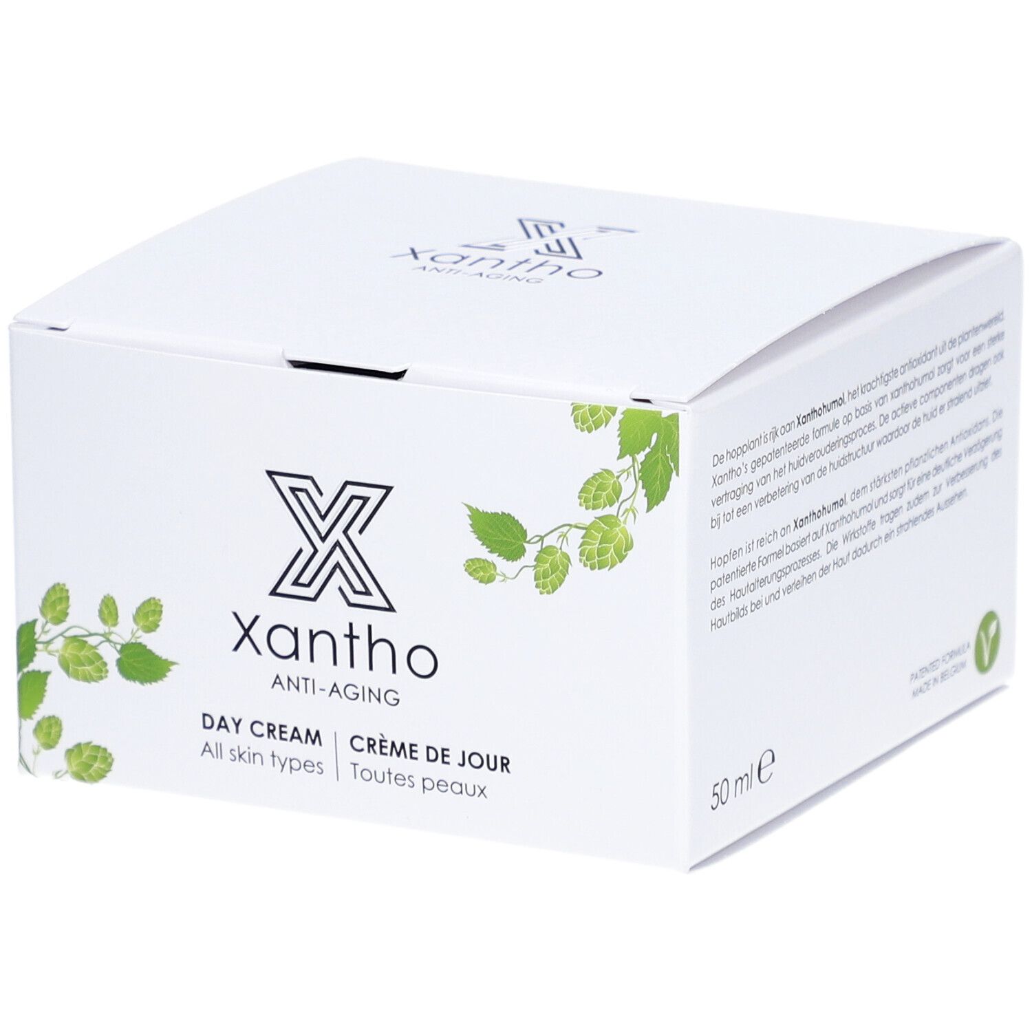 Boîte blanche Xantho Crème de Jour anti-âge. Logo et nom du produit. 50ml. Pour tous types de peaux.