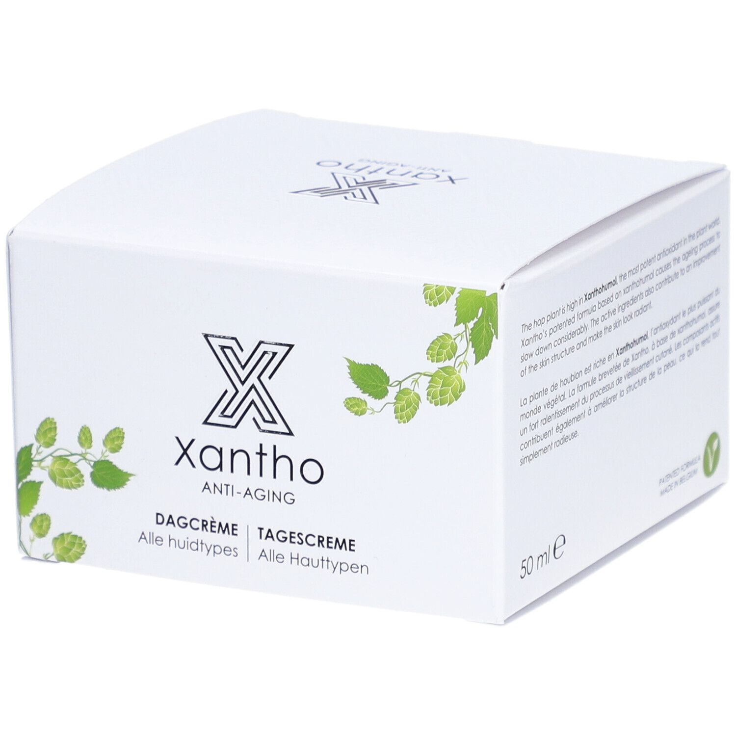 Boîte blanche Xantho Crème de Jour anti-âge. Logo et nom du produit. 50ml. Pour tous types de peaux.