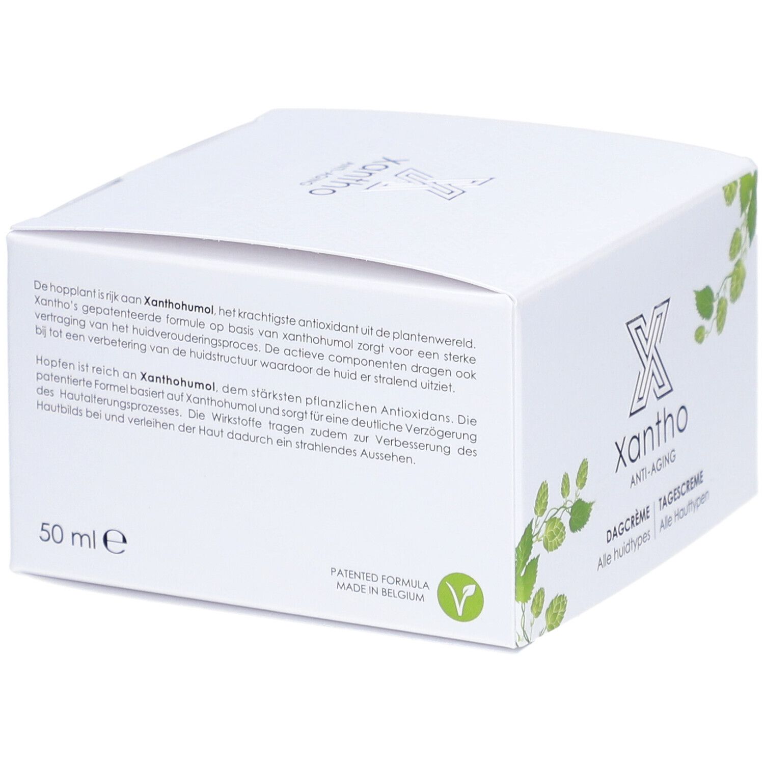 Boîte blanche Xantho Crème de Jour anti-âge. Texte sur les ingrédients et les effets. 50ml. Label vegan.