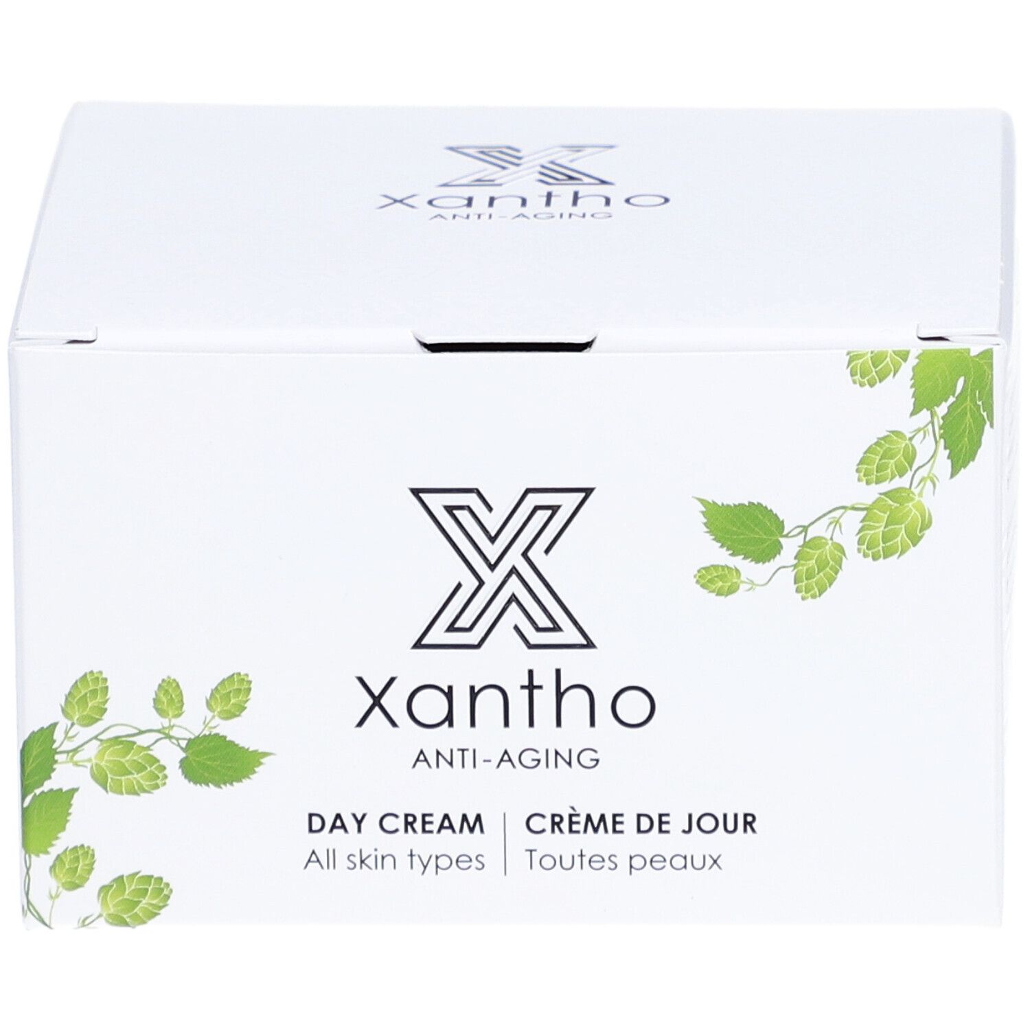 Boîte blanche Xantho Crème de Jour anti-âge. Logo et nom du produit. Pour tous types de peaux.
