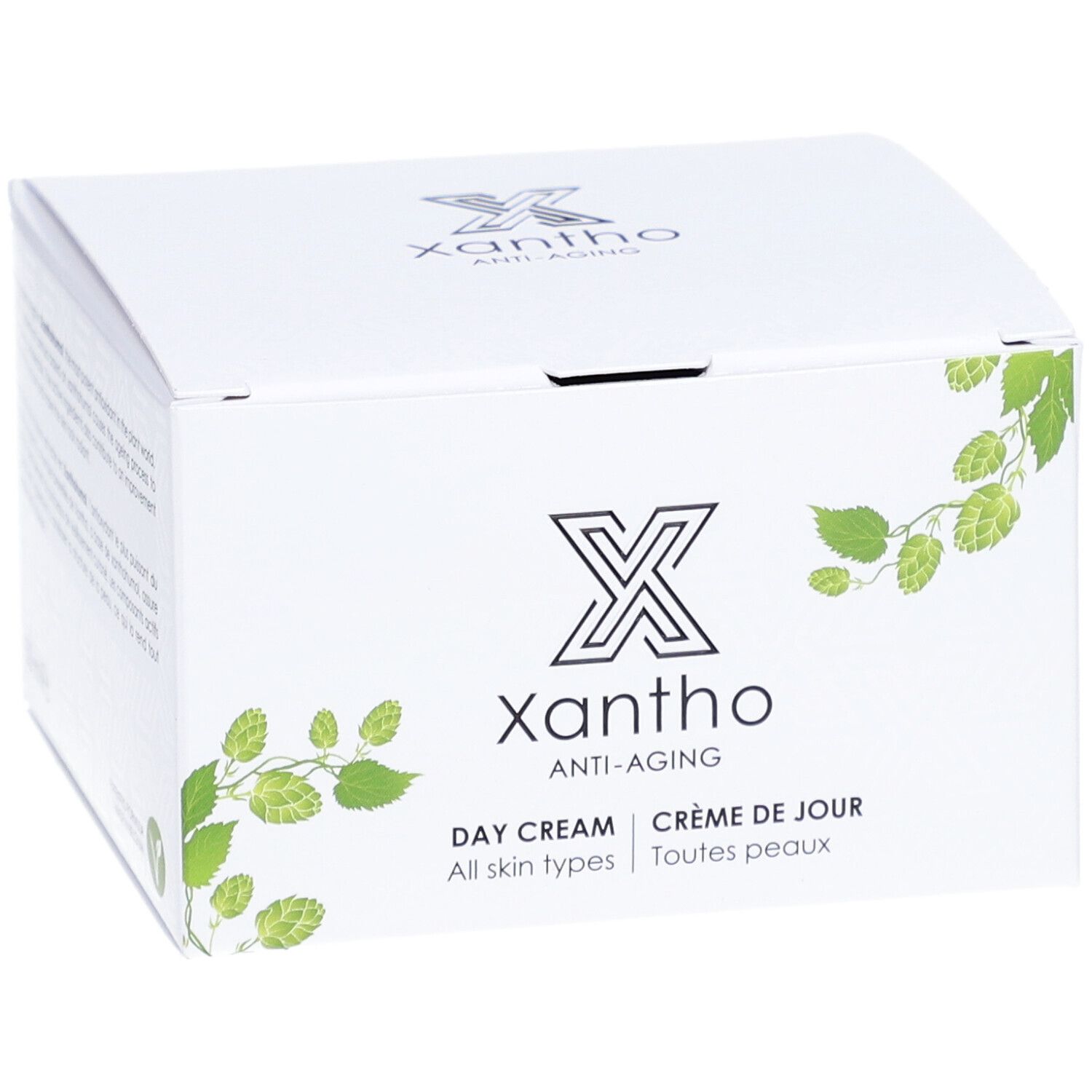 Boîte blanche Xantho Crème de Jour anti-âge. Logo et nom du produit. Pour tous types de peaux.