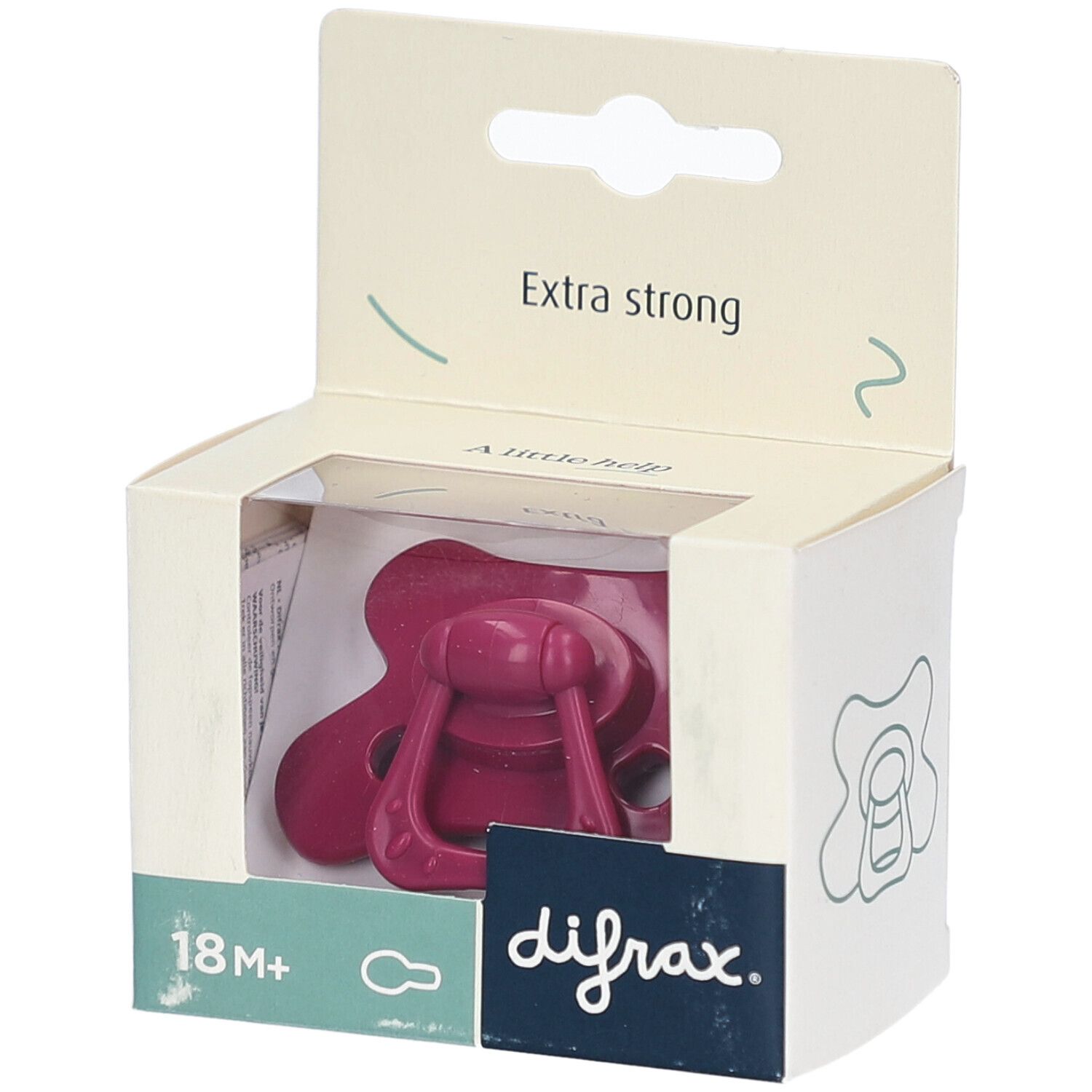 Emballage avec sucette rose. Marque difrax, 18M+. Texte: Extra strong.
