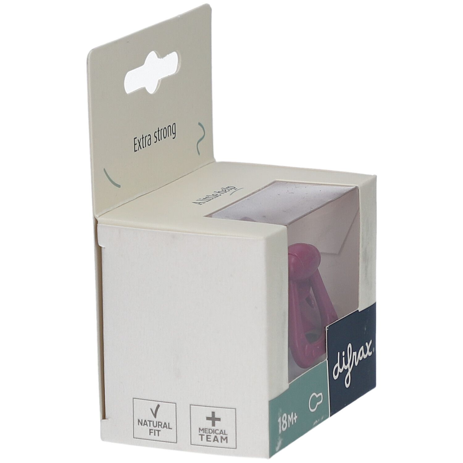 Emballage avec sucette rose. Marque difrax, 18M+. Texte: Extra strong.
