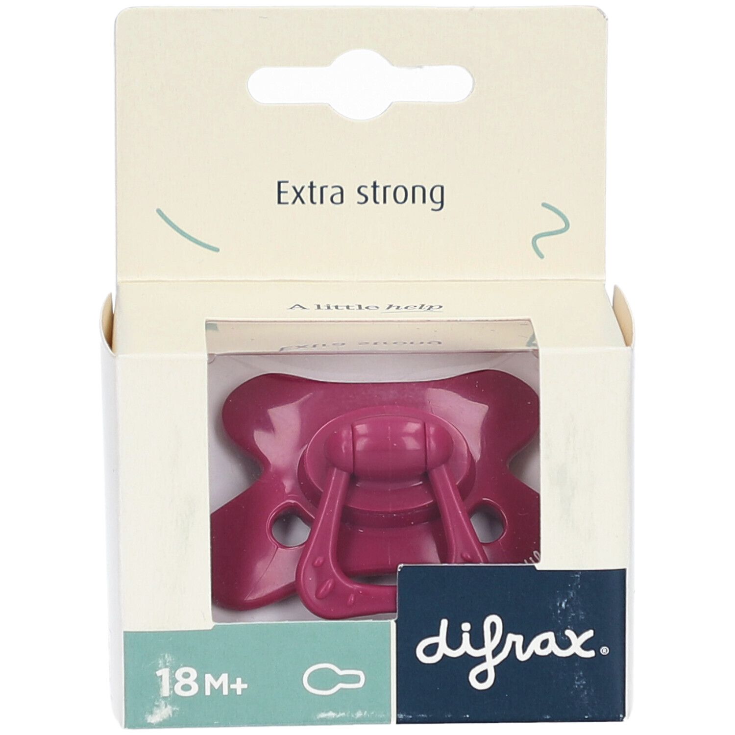 Emballage avec sucette rose. Marque difrax, 18M+. Texte: Extra strong.