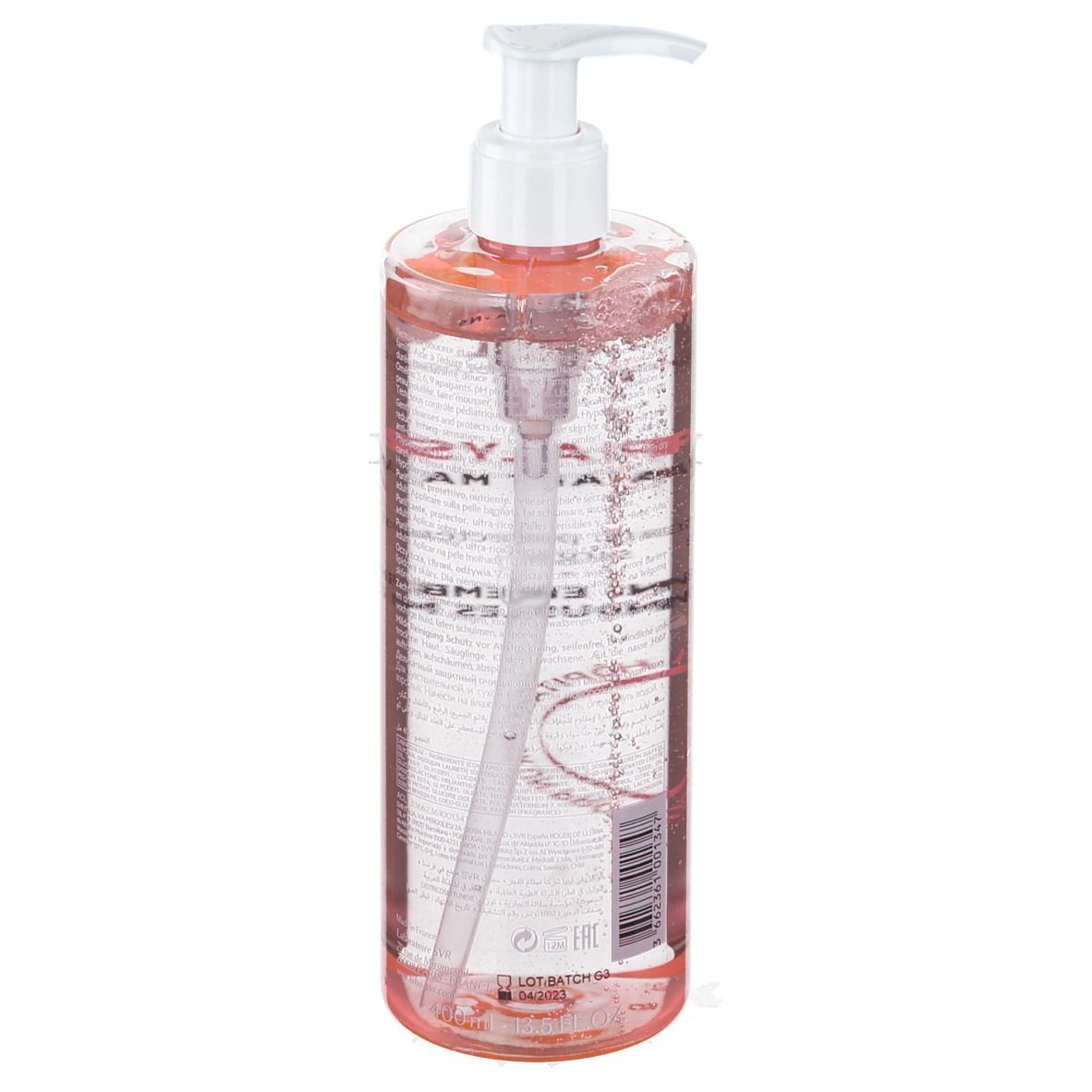 Transparante fles met roze vloeistof en witte pomp. Etiket met tekst en barcode.