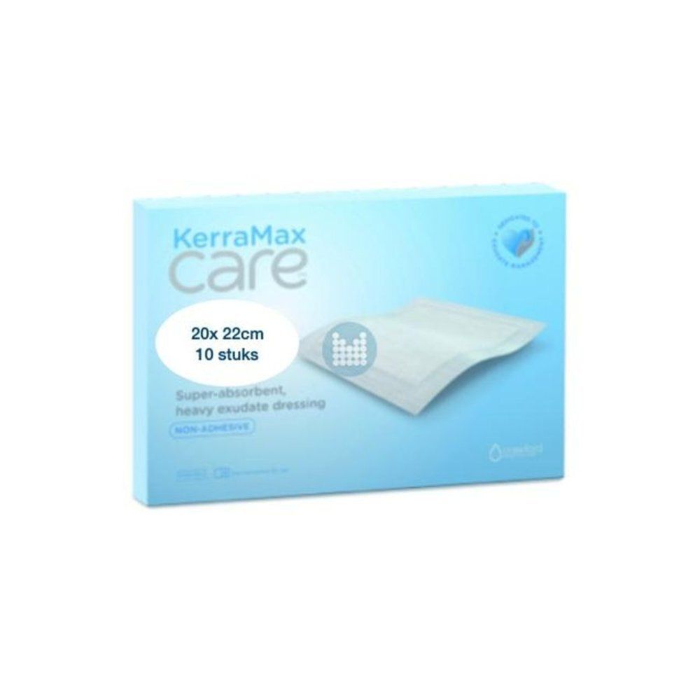 Emballage bleu clair Kerramax Care. Inscription : 20x22cm, 10 pièces. Super absorbant, pansement non-adhésif.