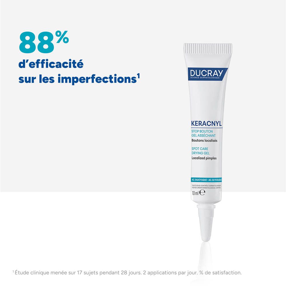 Tube de produit avec texte et graphiques. Contient 10 ml. Fond blanc.