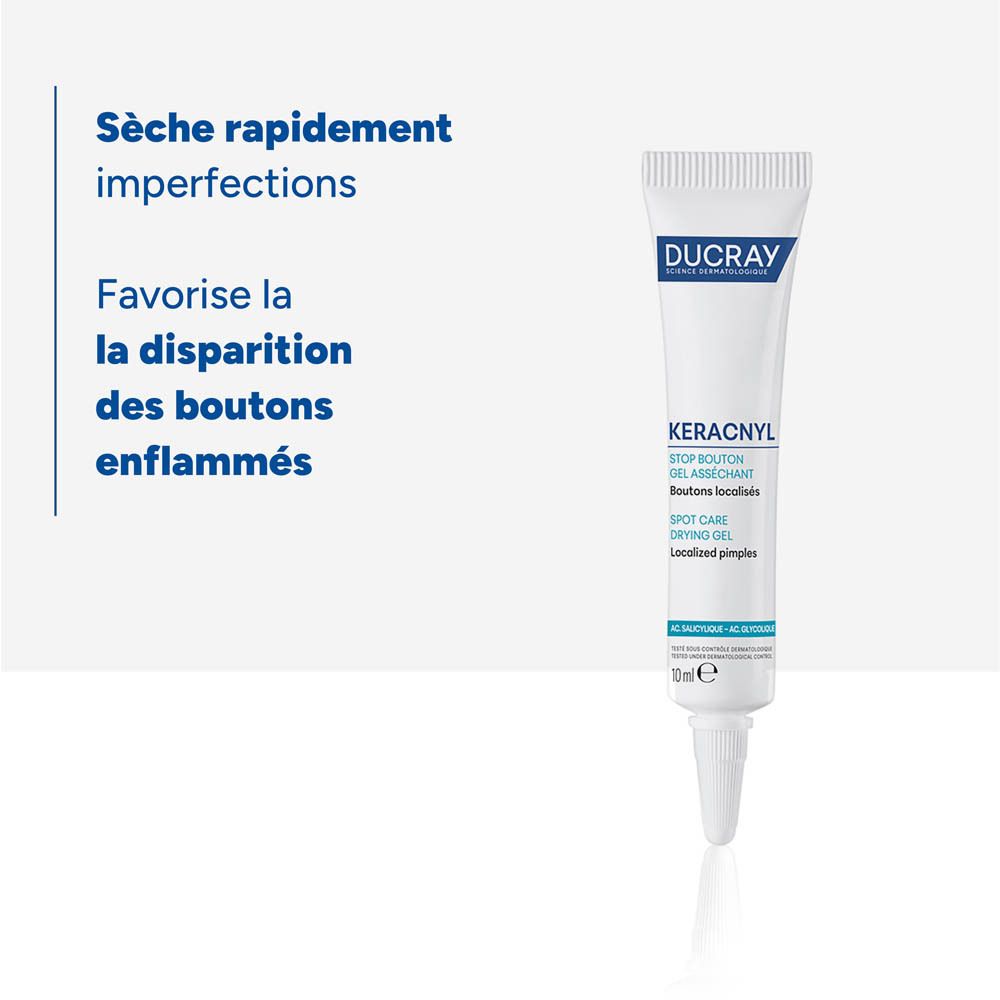 Tube de produit avec texte et graphiques. Contient 10 ml. Fond blanc.