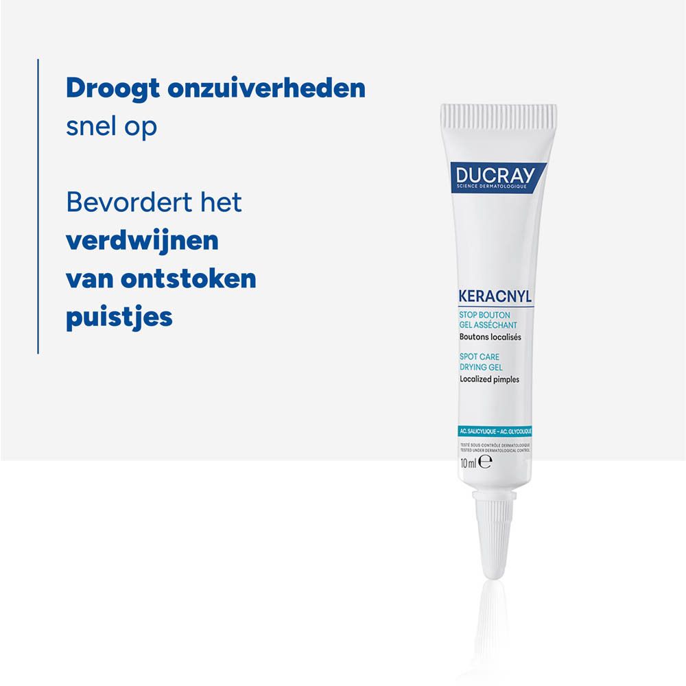 Producttube met tekst en afbeeldingen. Bevat 10 ml. Witte achtergrond.