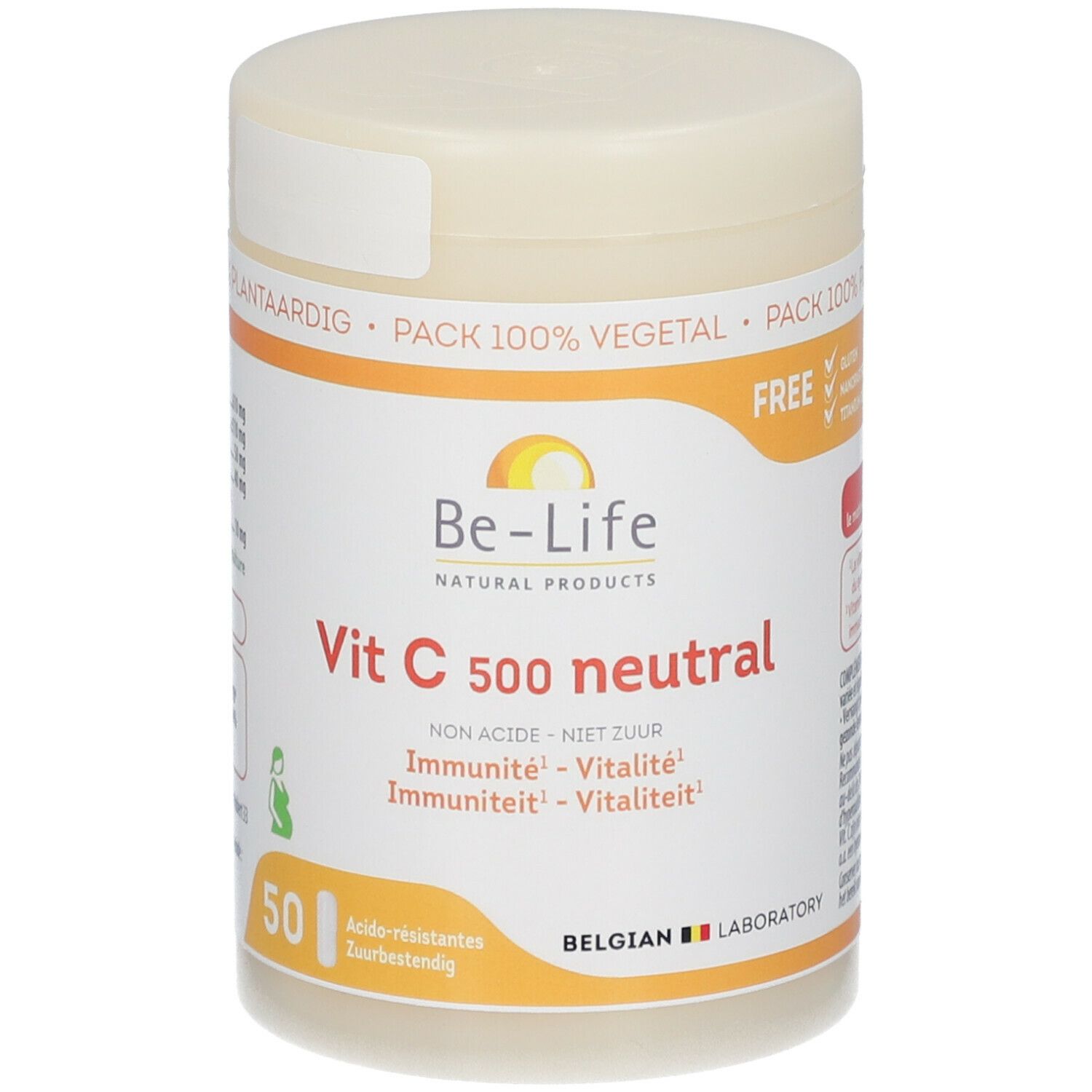 Potje Vitamine C 500 neutral. Opschrift: Be-Life, Vit C 500 neutral, 50 tabletten. Witte deksel en oranje etiket.