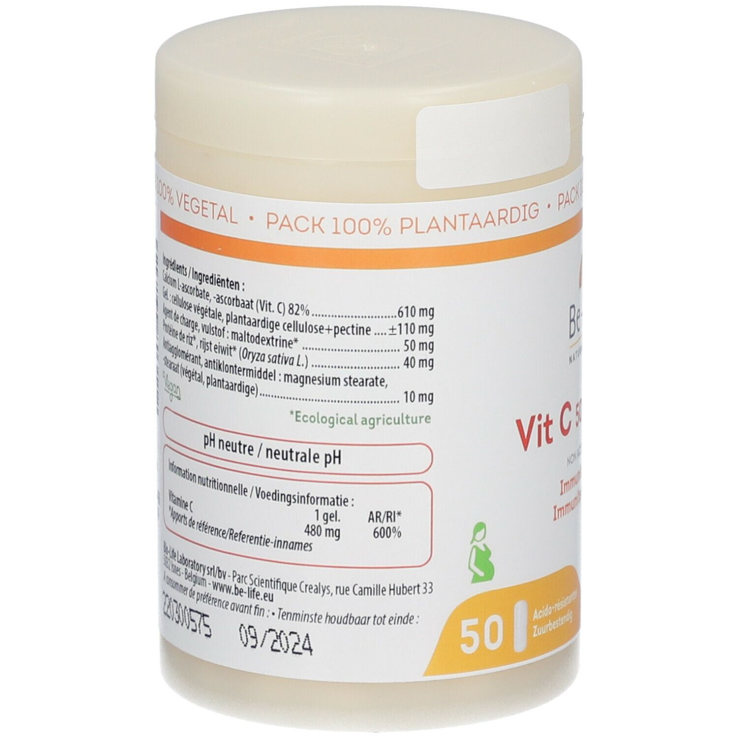 Achterkant van de Vitamine C 500 neutral pot. Ingrediëntenlijst, pH, voedingswaarde. Opschrift: Be-Life, 50 tabletten, houdbaar tot 09/2024.