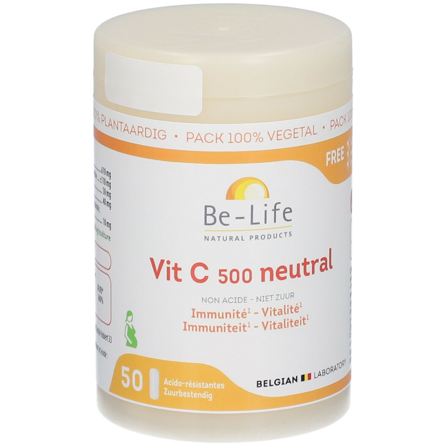 Potje Vitamine C 500 neutral. Opschrift: Be-Life, Vit C 500 neutral, 50 tabletten. Witte deksel en oranje etiket.