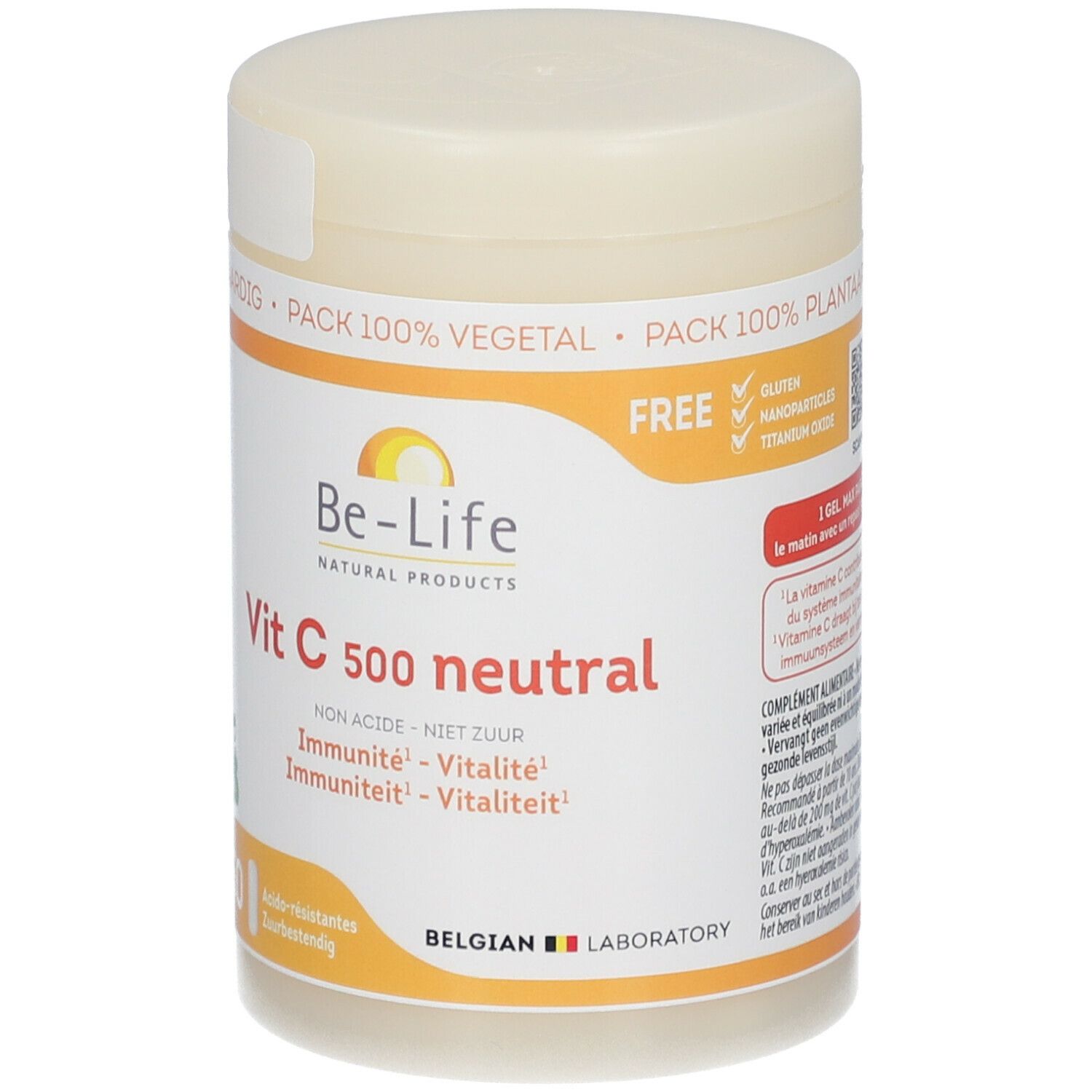 Potje Vitamine C 500 neutral. Opschrift: Be-Life, Vit C 500 neutral, 50 tabletten. Glutenvrij. Witte deksel en oranje etiket.