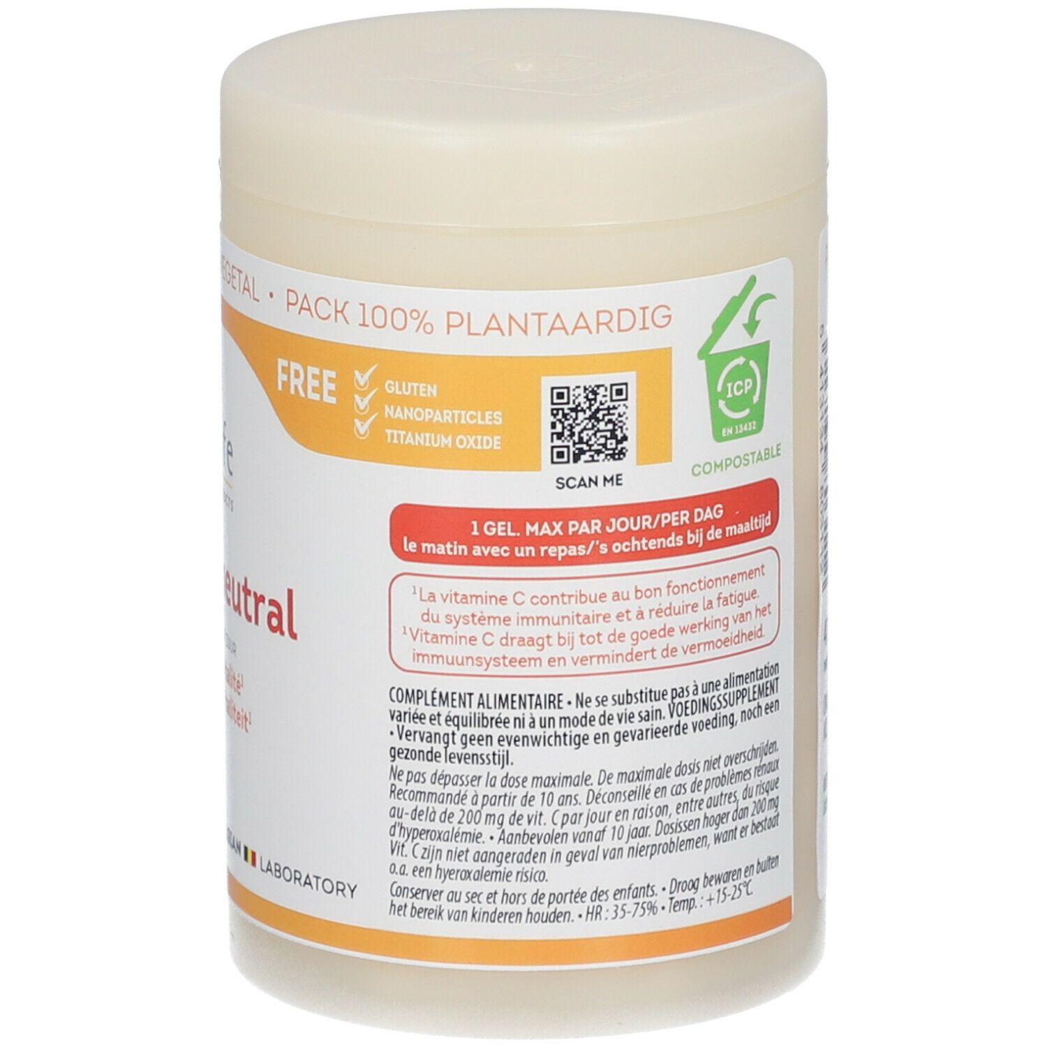 Achterkant van de Vitamine C 500 neutral pot. Opschrift: Be-Life, 1 gel per dag. Gebruiksinformatie. Composteerbaar.
