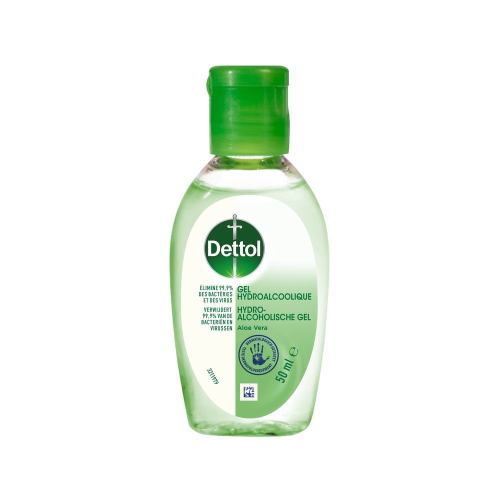 Transparante fles met groene dop. Dettol-logo, Aloe Vera en 50 ml.