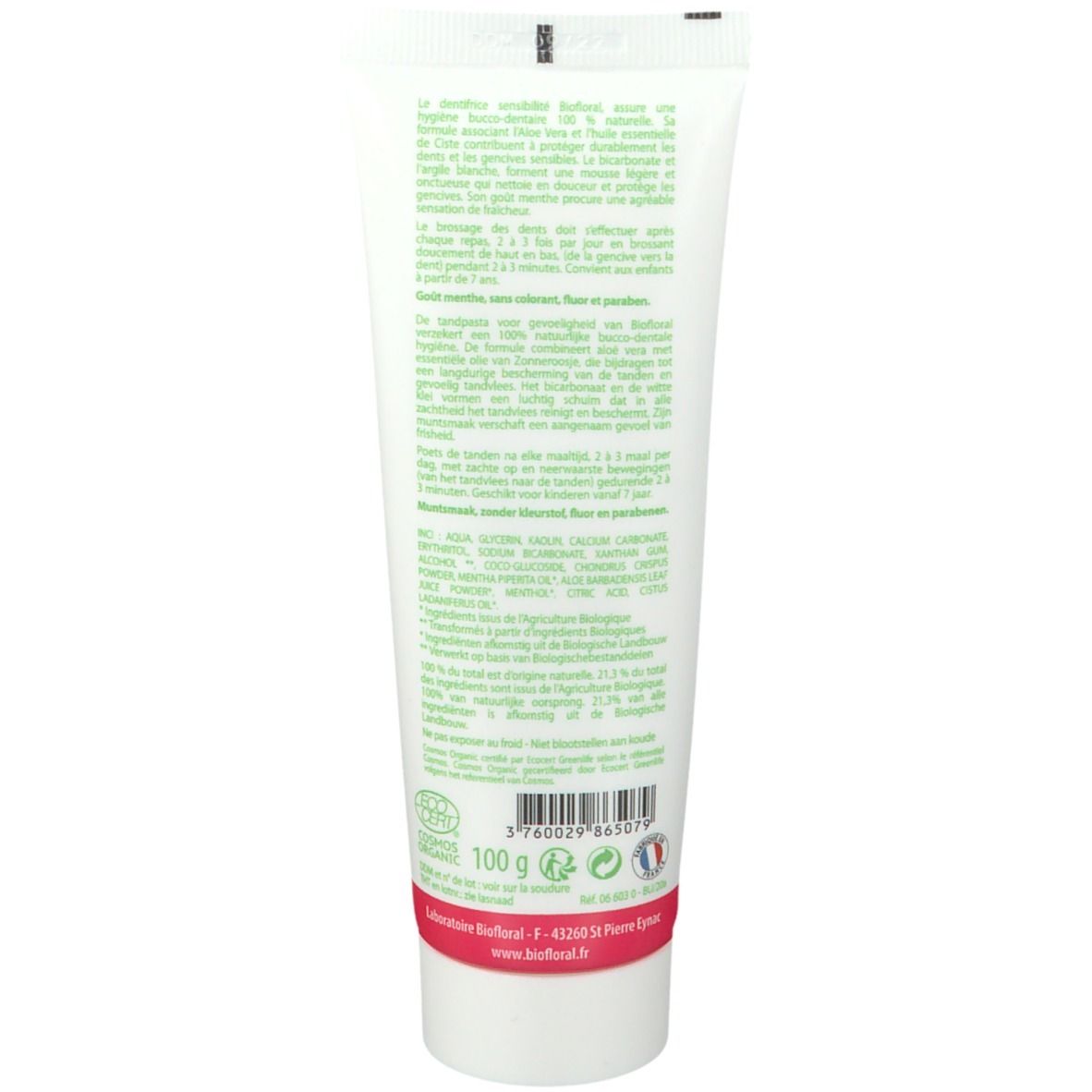 Dos du tube de dentifrice BIOFLORAL. Texte: Ingrédients, certification bio, 100 g, code EAN, adresse du fabricant.
