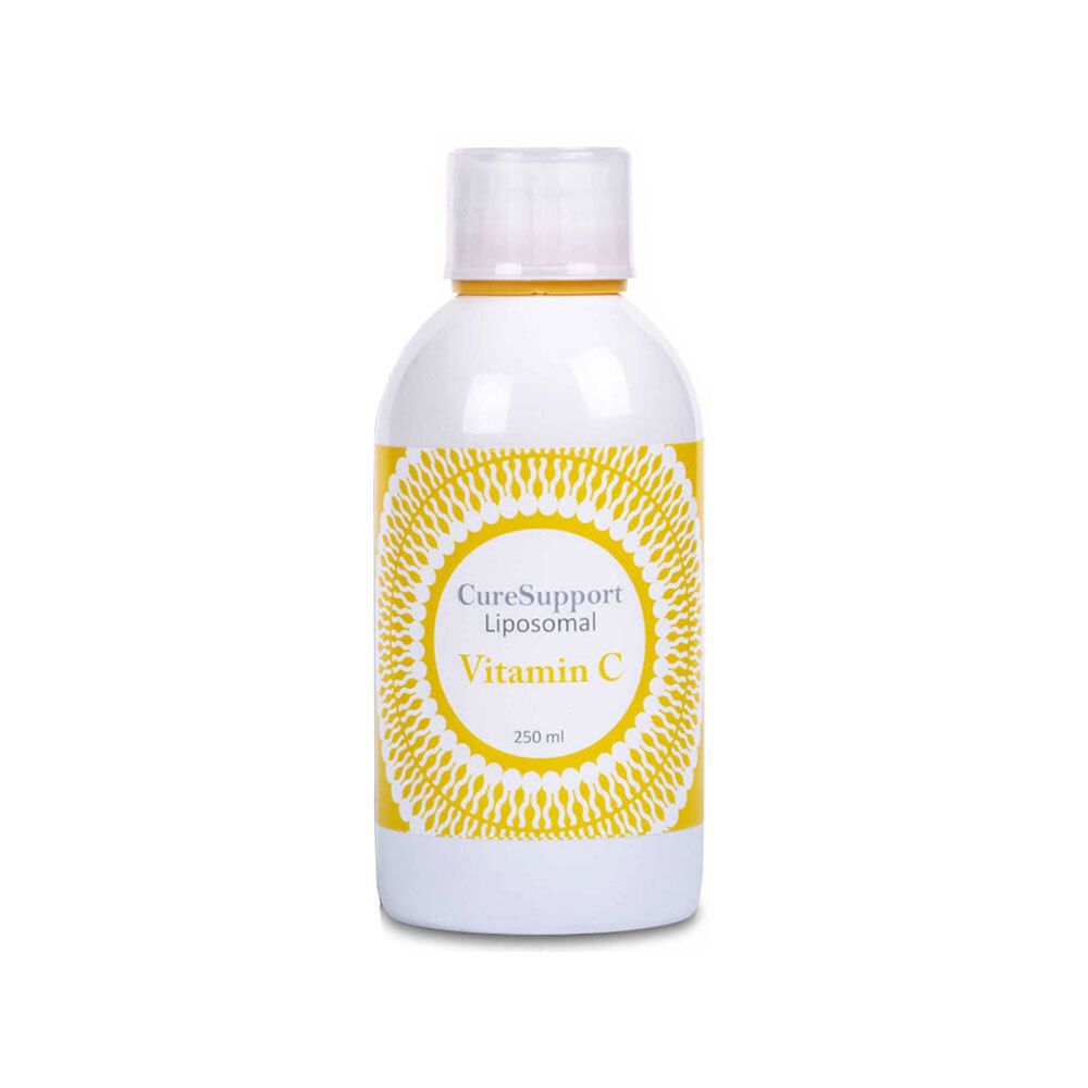 Witte fles met geel etiket. Opschrift: CureSupport Liposomal Vitamin C 1000 mg.