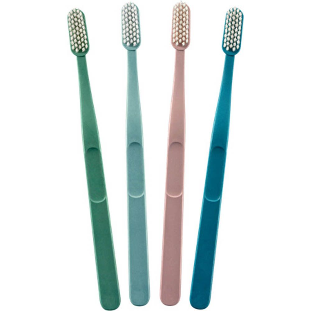 Vier tandenborstels: groen, lichtgroen, roze en blauw. Zonder verpakking.