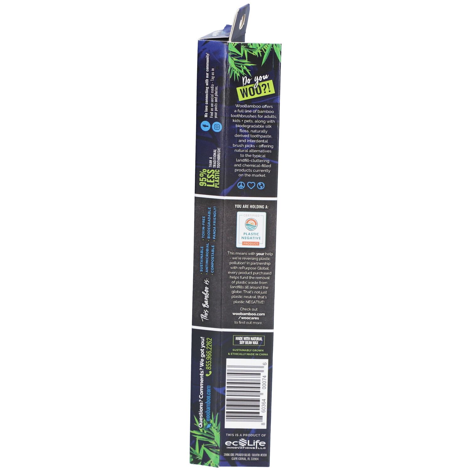 Achterkant van de tandenborstelverpakking. Tekst met informatie over het product en duurzaamheid.