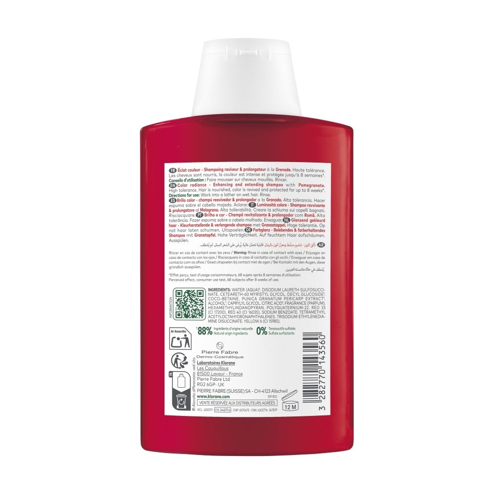 Arrière KLORANE Shampoo grenade avec indication de 88% d'ingrédients naturels.