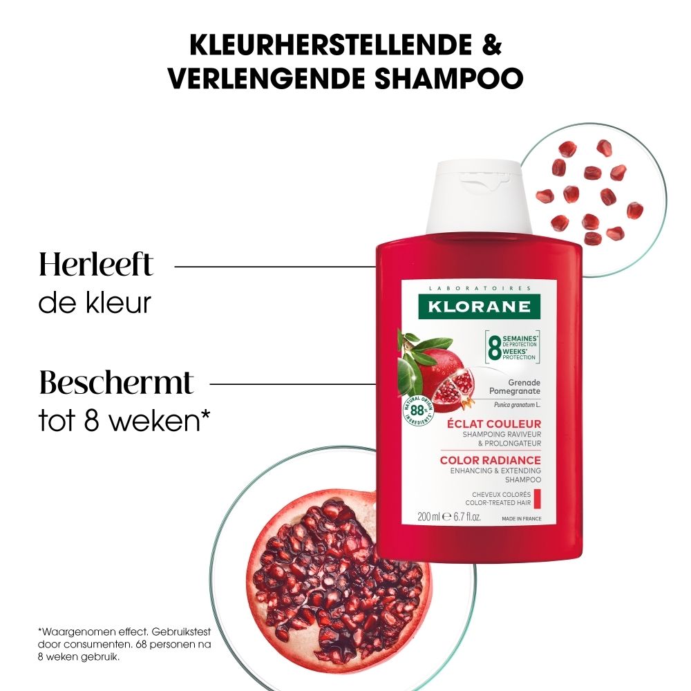 KLORANE Granaatappel shampoo: Fles en tube, met granaatappel illustratie.