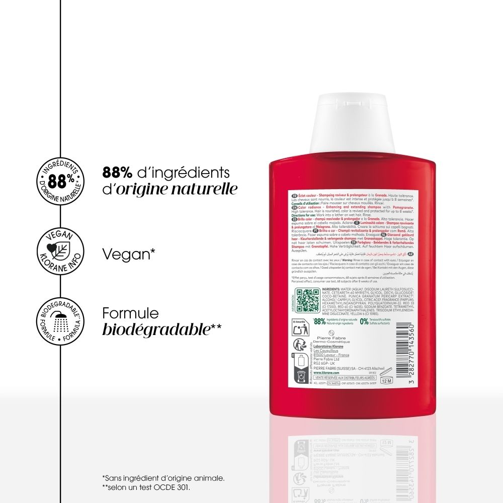 KLORANE Shampoo grenade: Bouteille avec illustration de grenade et texte.