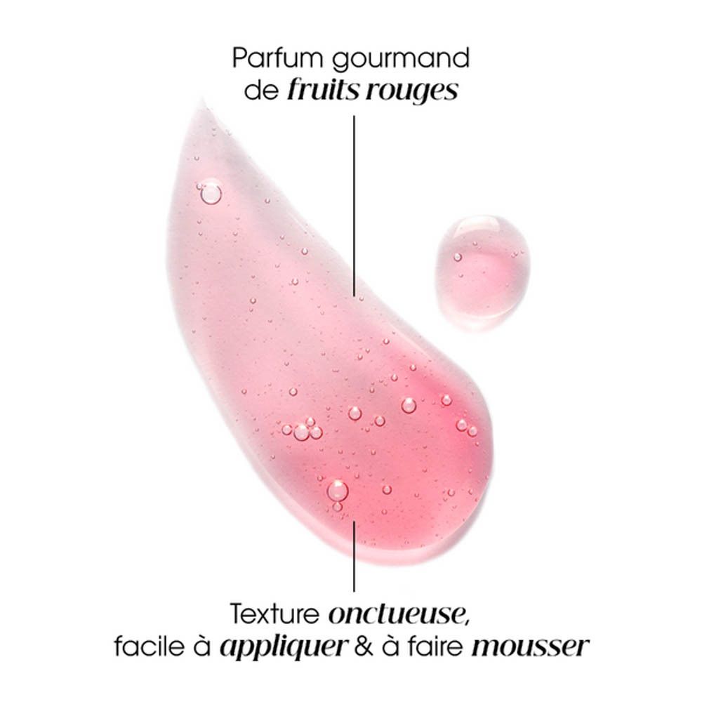 Goutte de gel de shampooing rose. Texte: Parfum gourmand de fruits rouges.