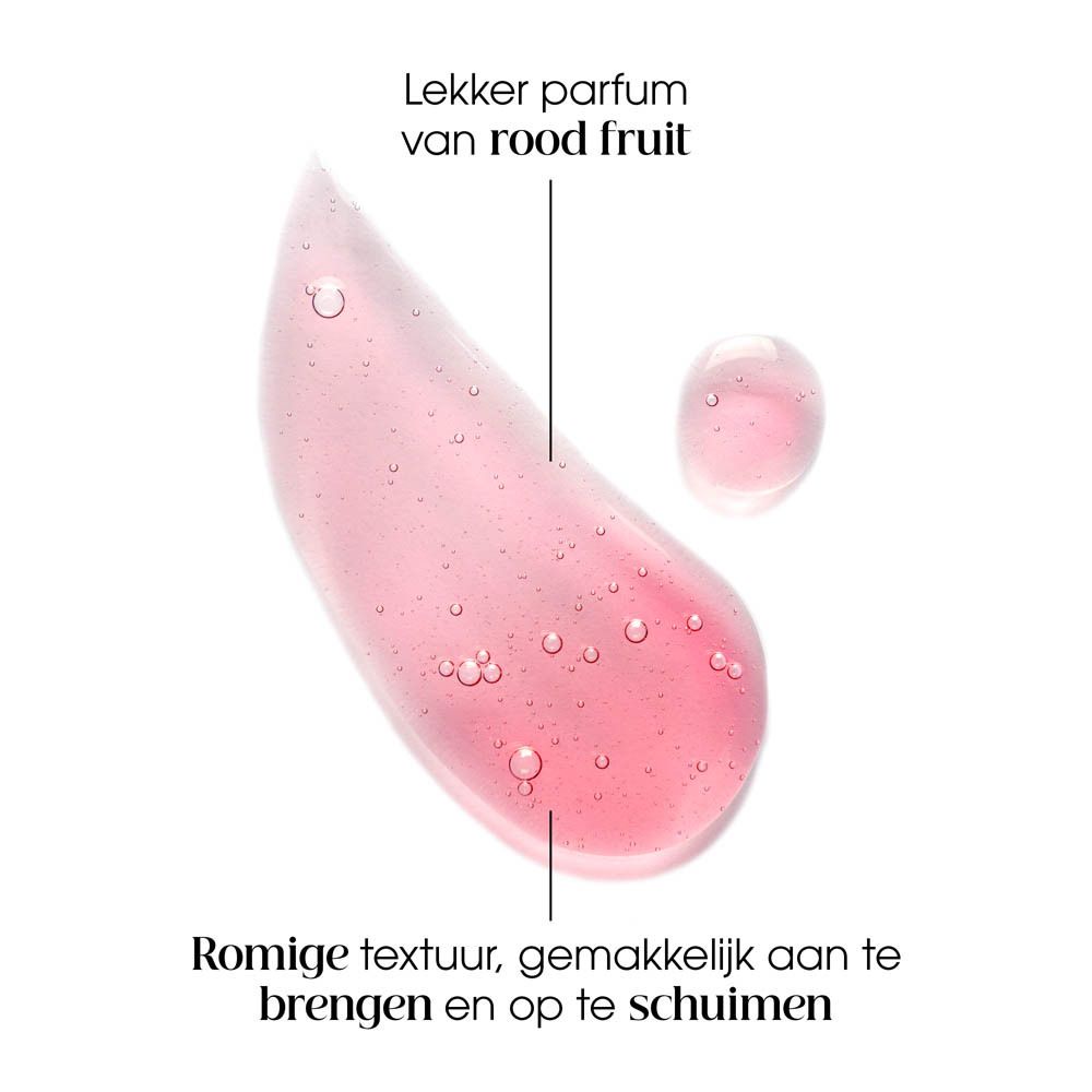 Roze shampoo gel druppel. Tekst: Lekker parfum van rood fruit.