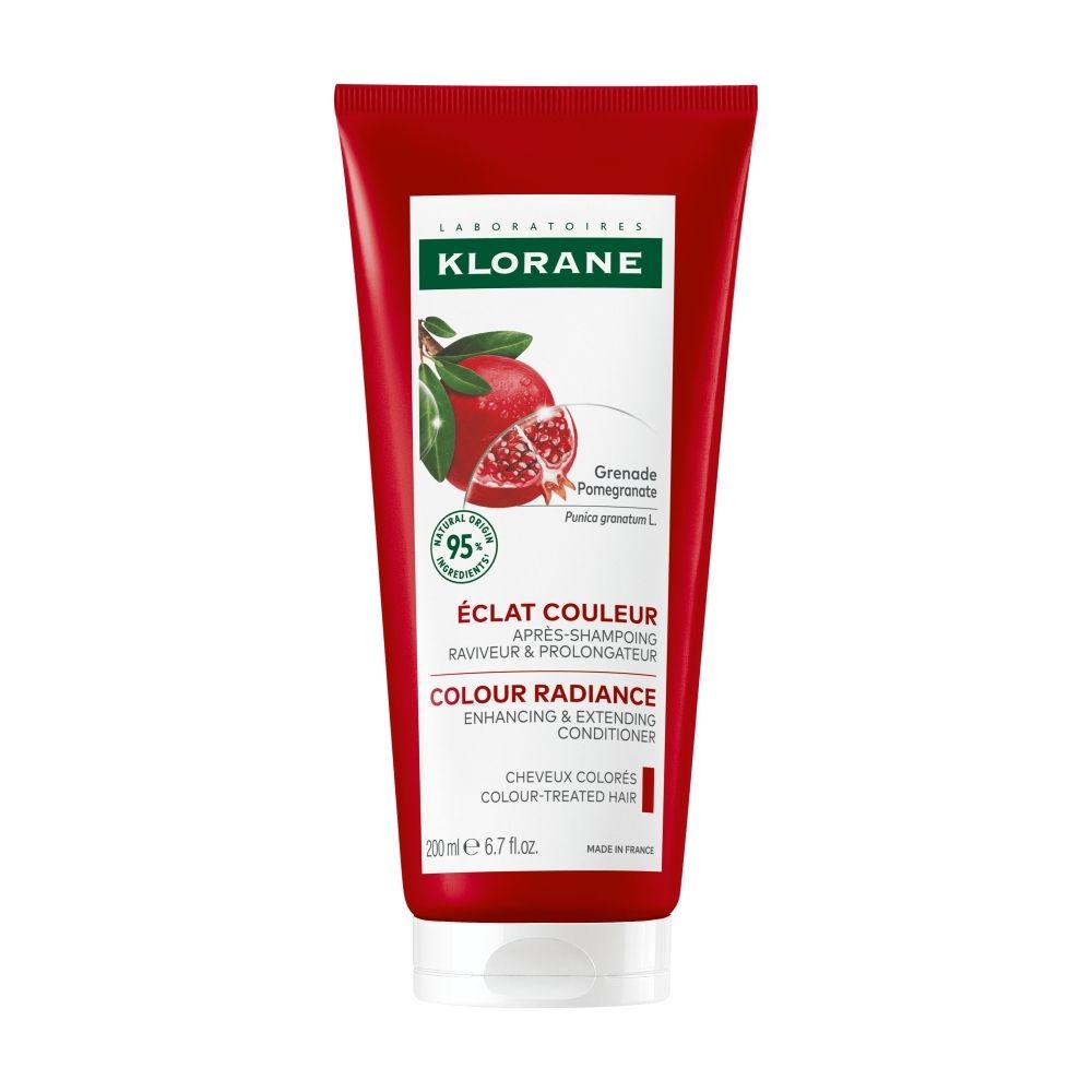 Tube Klorane après-shampoing à la grenade, 200ml. Montre une demi-grenade et des feuilles.
