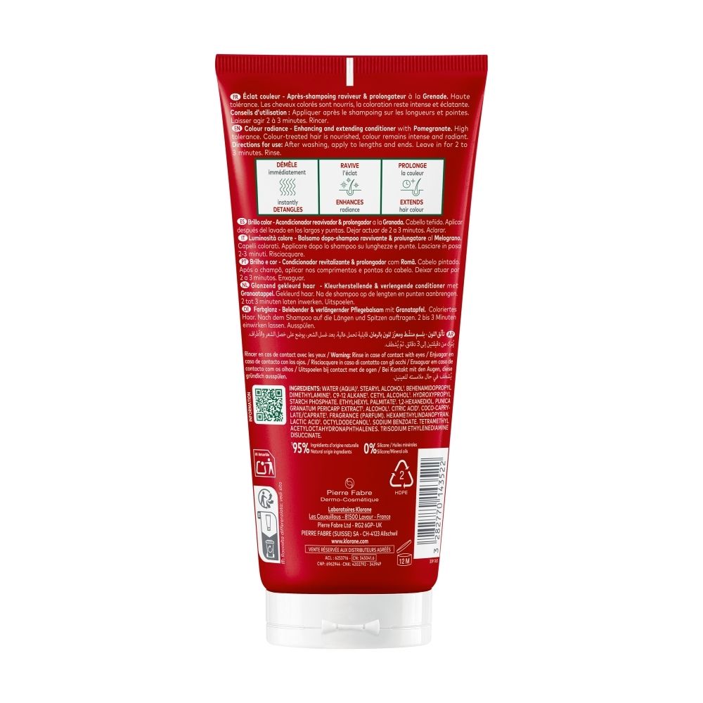 Arrière d'un tube Klorane après-shampoing à la grenade, 200ml. Contient ingrédients et instructions.