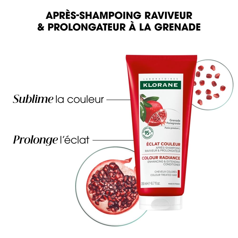 Arrière d'un tube Klorane après-shampoing à la grenade, 200ml. Contient ingrédients et instructions.