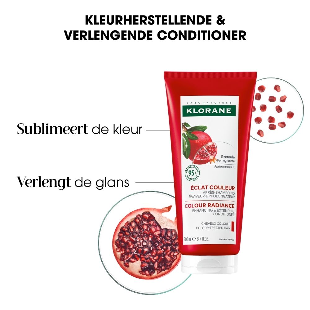 Achterkant van een Klorane conditioner granaatappel tube, 200ml. Bevat ingrediënten en instructies.