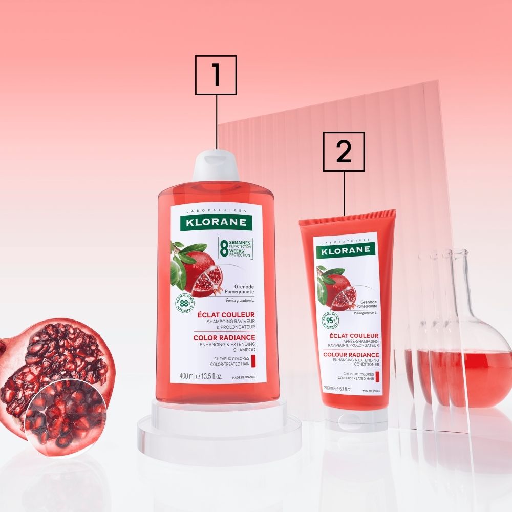 Arrière d'un tube Klorane après-shampoing à la grenade, 200ml. Contient ingrédients et instructions.